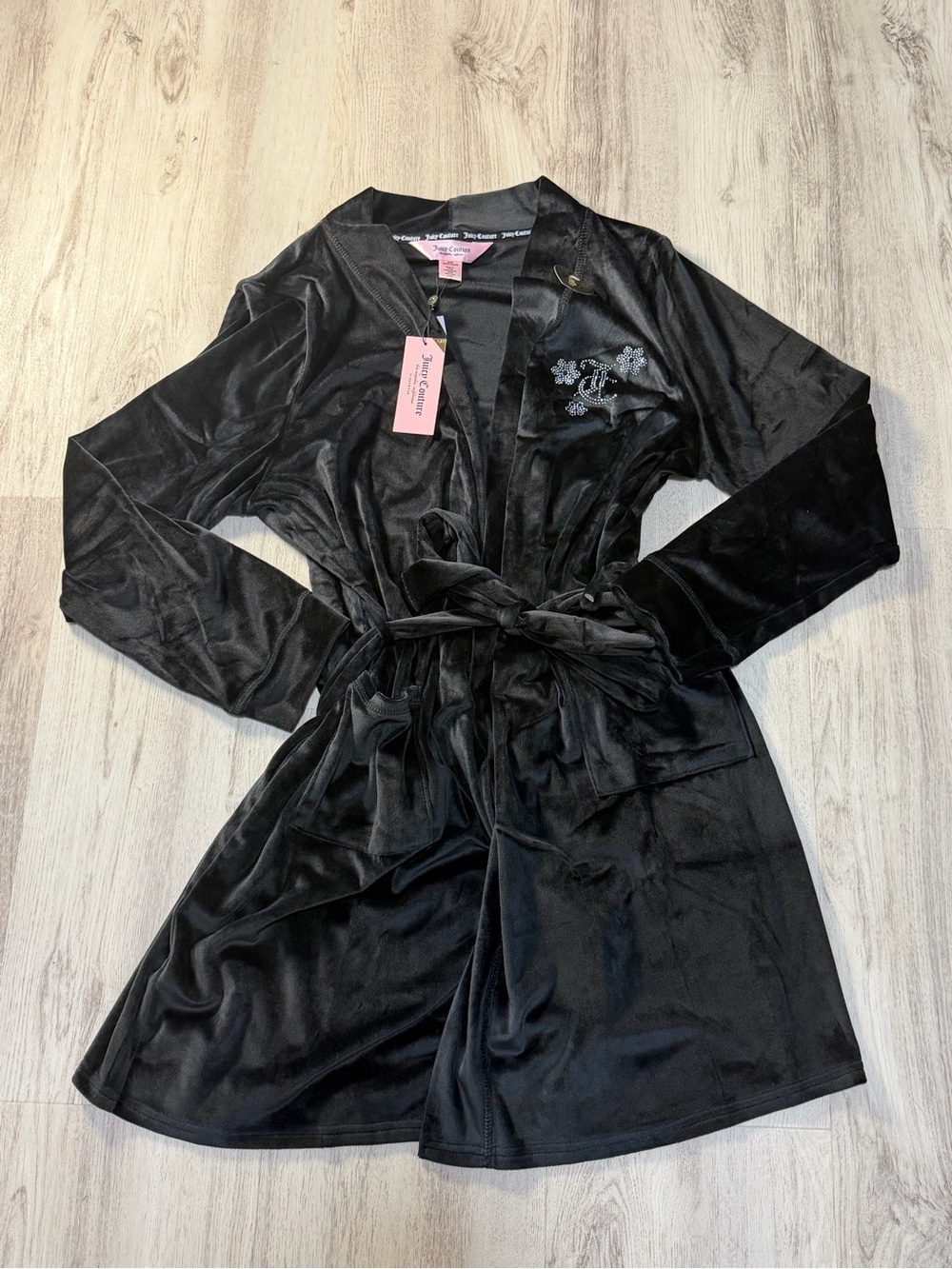 Juicy Couture Black Velvet Robe with Floral Embroidery